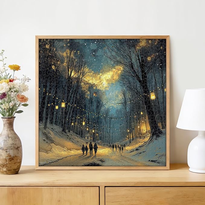 Starry Night Winter Stroll 1000 Piece Puzzle for Adults - Van Gogh Inspired Art, Snowy Lantern-Lit Path Scene, Poster & Lettered Back, 22.8" Square HD, Gift for Art & Winter Lovers