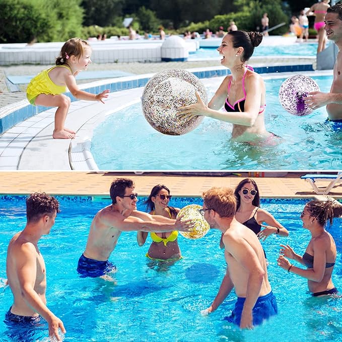 5 Pcs Inflatable Beach Balls, 16 Inch & 24 Inch Large Confetti Glitter Beach Balls, Sequins Clear Blow up Pool Balls Toys for Christmas Party Decorations 2026 New Year Birthday Summer Swimming Pool