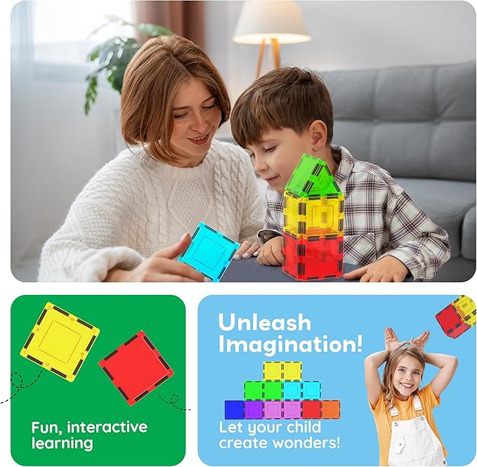 PicassoTiles Magnetic Building Block Magnet Tile Construction Kit for Kids Educational STEM Learning Playboard Pretend Play Toy Stacking Shapes Brain Development Preschool Toddler Activity Set PTE04