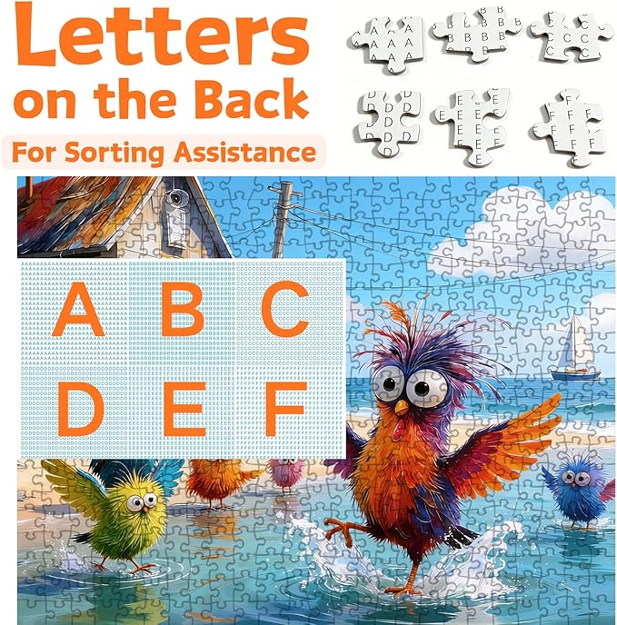 Beach Birds Puzzles for Adults 500 Pieces, Cute Cartoon Colorful Seabird Jigsaw Puzzle with Letters on Back, 21x15 Inch Family Game Night Puzzle, Fun Gift for Puzzle Lovers