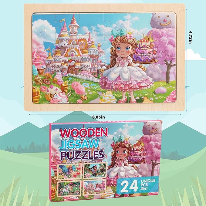 4 Sets of Wooden Puzzles, Each Set has 24 Pieces, Including Castle Unicorn Princess, for Toddlers 3-5, Puzzles for Kids Ages 4-6, Preschool Educational Brain Teaser Toys for Girls 3 4 5 6 Years Old.