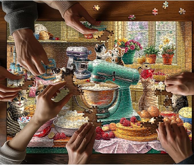 Cat Puzzles for Adults 1000 Pieces, Funny Puzzles Kittens, Food Cake Cat in Kitchen Puzzle, Animal Kitty Jigsaw Puzzle Challenge