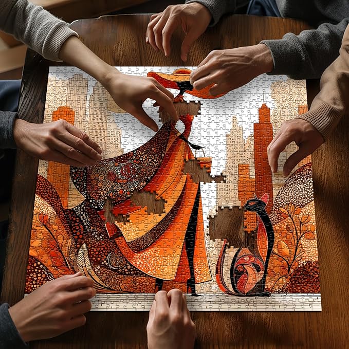 Impossible Puzzle for Adults 1000 Pieces, PICKFORU Orange Time Jigsaw Puzzle Beauty Women Aesthetic Art, Cat Elegant Lady Challenge Puzzle