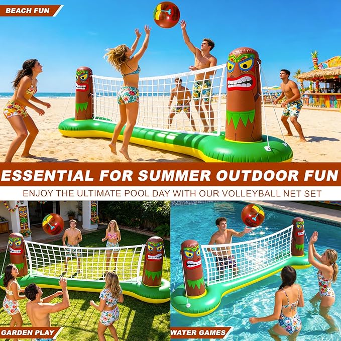 Large Inflatable Luau Tiki Pool Games Volleyball Net Pool Float Set with 9" Beach Ball, Floating Swimming Water Sports Game Toy for Adults, Summer Luau Tropical Hawaiian Party Supplies