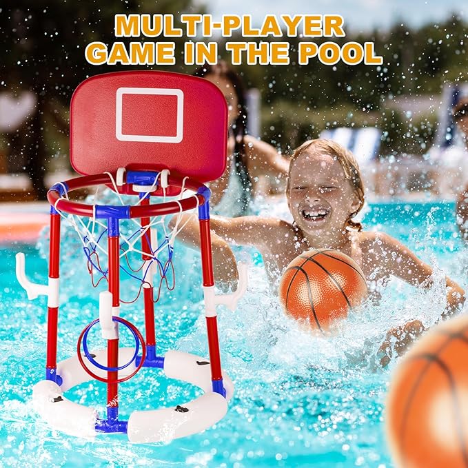 Taotuo Red Floating Pool Basketball Hoop with Backboard, 2-in-1 Basketball & Ring Toss Game with 4 Balls, 6 Rings&Pump, Summer Pool Toys Outdoor Water Fun Family Party for Age 3-12