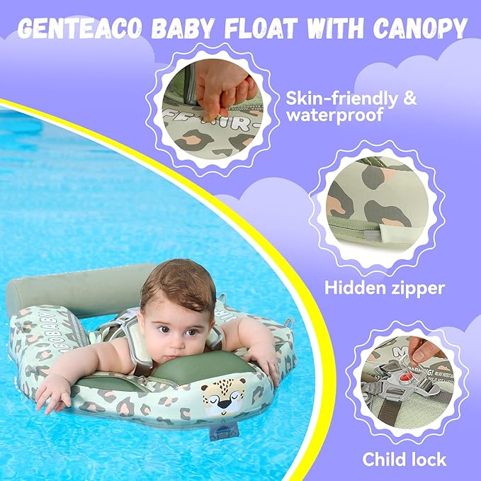 Mambobaby Baby Swim Float with Canopy Non-Inflatable Infant Pool Float with Tail 3-24 Months Avoid Flip Solid Skin-Friendly Material for Toddler Boys Girls