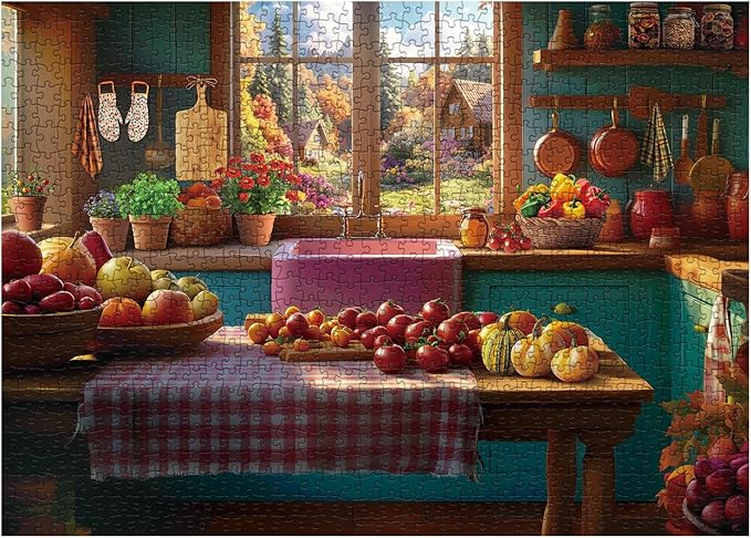 Fall Thanksgiving Holiday Puzzle for Adults 1000 Pieces, Cozy Kitchen Jigsaw Puzzle Autumn, Flower Plant Fruit Floral Pumpkin Harvest Festival Puzzle