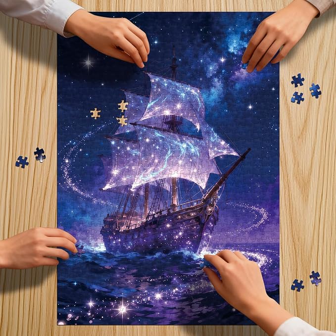 Family Jigsaw Puzzles for Adults 1000 Pieces, Challenging Fun Puzzles Stunning Art Wall Decor, Gift for Adult Puzzle Lovers, Poster Included, Starry Sky Ship C0830