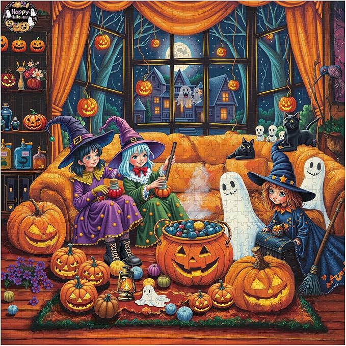 Halloween Party Puzzles for Adults 1000 Pieces, Witches Ghost Pumpkin Jigsaw Puzzles, Difficult Fall Candy Art Puzzles