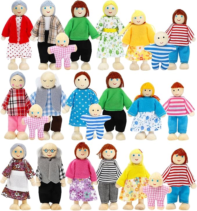 ONEST 23 Pieces Wooden Dollhouse Family Set Mini People Figures Sets Dollhouse Dolls Wooden Doll Family Pretend Play Figures Accessories for Pretend Doll House