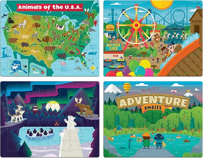 Chuckle & Roar - 4 Pack Tray Puzzles for Kids - USA Animal Map, Polar Animals, Adventure Awaits, Fair Theme - 36 & 48 Piece Preschool Puzzles - Large Pieces for Little Hands