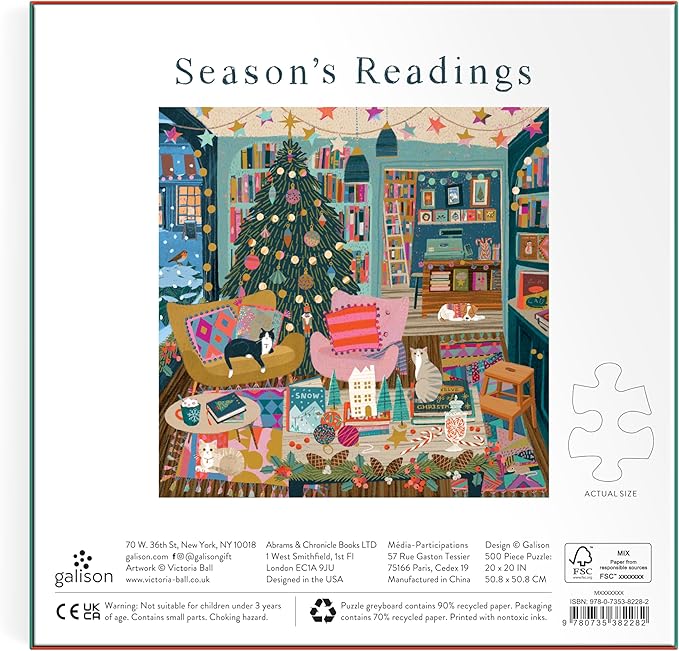 Galison Season's Reading – 500 Piece Foil Jigsaw Puzzle Featuring Beautiful Artwork of A Cozy Christmas Bookshop Scene with Gold Foil Accents
