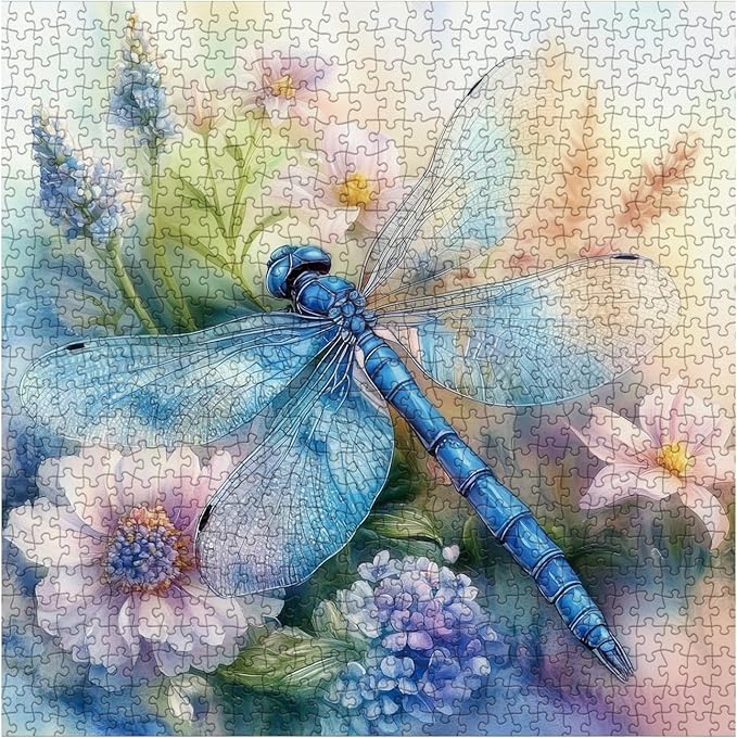 Beautiful Dragonfly Flower Puzzles for Adults 1000 Pieces, Fantasy Wildflower Art Jigsaw Puzzles, Aesthetic Watercolor Painting Puzzle