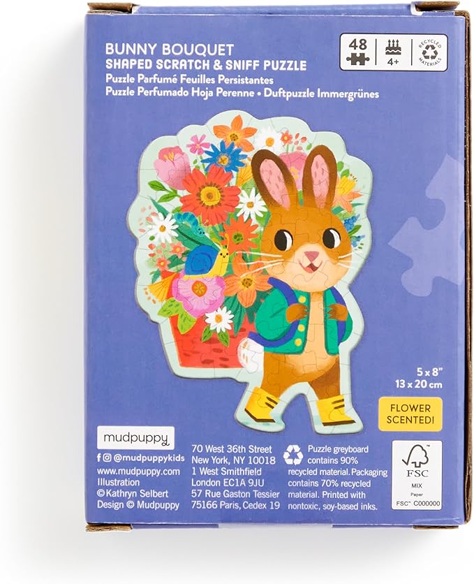 Mudpuppy Bunny Bouquet 48 Piece Scratch & Sniff Shaped Mini Puzzle with Colorful and Fun Illustrations of A Hoppy Easter Bunny and Scented Puzzle Pieces