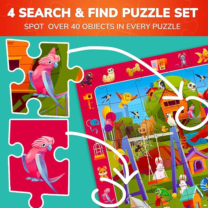 QUOKKA Puzzles for Kids Ages 4-6 - Toddler Puzzles Ages 3-5 - 4-Pack 60 Piece Search and Find Animals Jigsaw Puzzle 6-8 - Learning Toys for 3 Year Old Boys and Girls - Educational Games Gift
