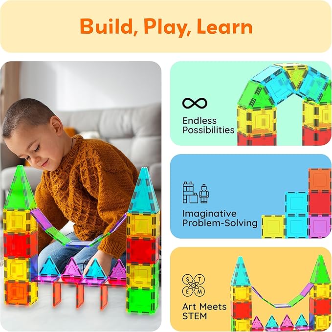 PicassoTiles Magnetic Building Block Magnet Tile Construction Kit for Kids Educational STEM Learning Playboard Pretend Play Toy Stacking Shapes Brain Development Preschool Toddler Activity Set PTE04