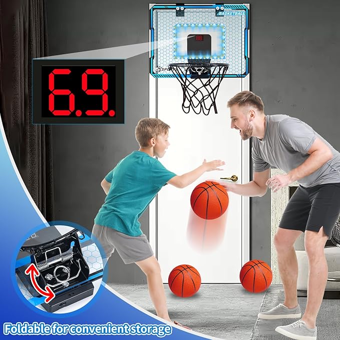 Basketball Hoop Indoor with LED Lights, Basketball Toys Gifts for 5 6 7 8 9 10+ Year Old Boys Kids, Indoor Over The Door Mini Basketball Hoops with Electronic Scoreboard & 3 Balls