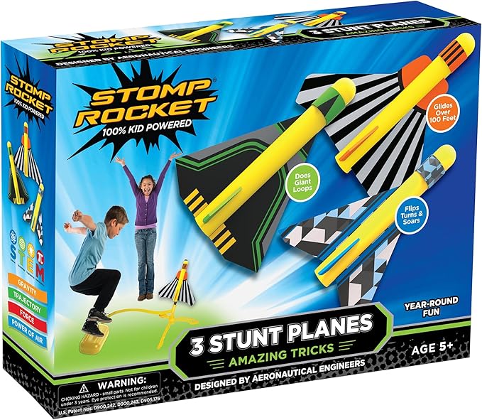 Stomp Rocket Stunt Plane Launcher Toy for Kids - 3 Foam Airplane Toy Soars Over 100 Feet - Unique Tricks & Adjustable Plane Rocket Launcher Stand - Fun Outdoor Toys & Gift for Boys or Girls