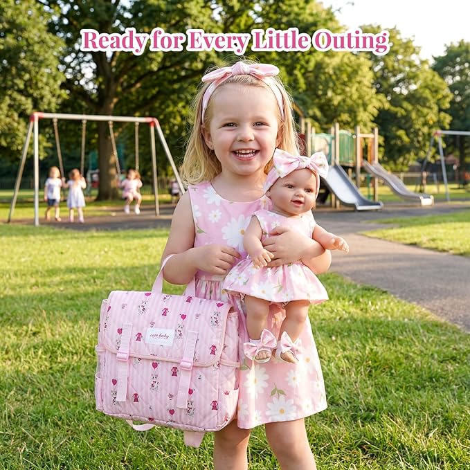 BABESIDE 14 Pcs Baby Doll Accessories Set for 12-15 Inch Babydolls - Baby Doll Diaper Bag Set with Dolls Bedding, Changing Pad & Babydoll Feeding Accessories for Kids Pretend Play Toys