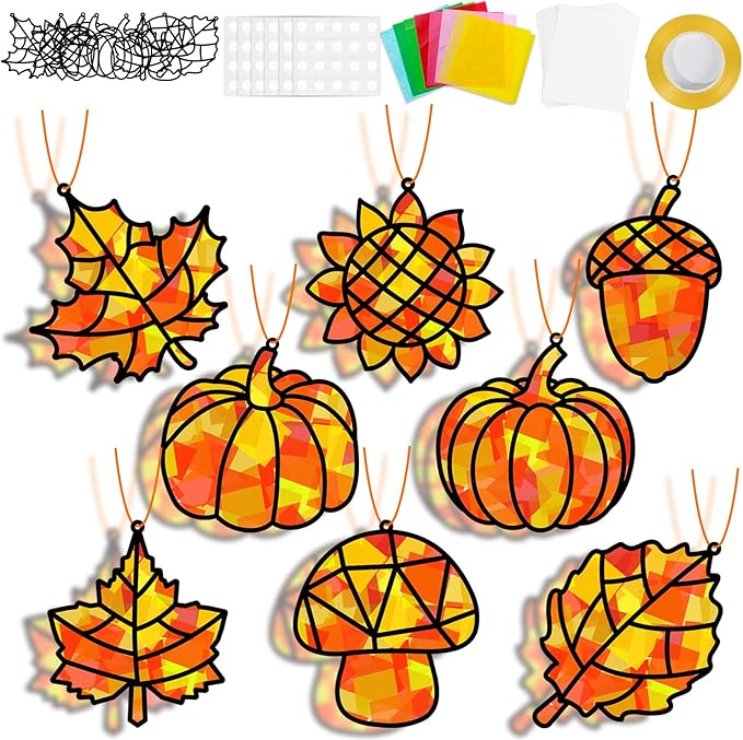 32 Sets Fall Thanksgiving Suncatchers Craft Kit DIY Window Stained Glass Effect Autumn Harvest Paper Crafts Home School Classroom Decoration Kid Birthday Gift Creative Art Project Activity Game