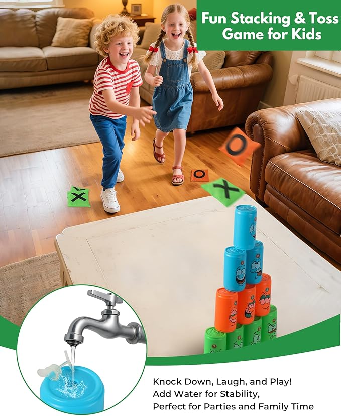 2-in-1 Giant Tic Tac Toe and Can Toss Game - Outdoor Games for Kids & Family, Backyard and Indoor Party Game Set with Bean Bags & Storage Bag