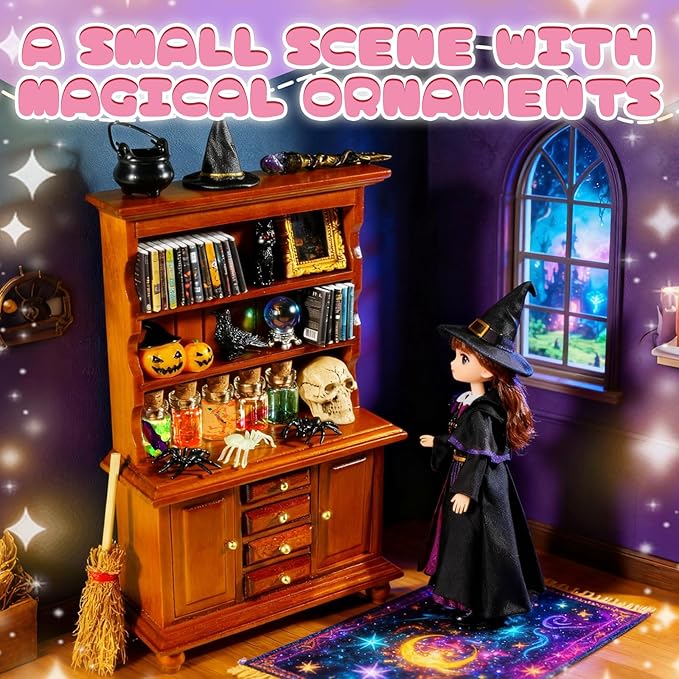 Rileryan 53 Pcs 1:12 Scale Magic Witchy Mini House Kit Halloween Miniatures Accessories Wooden Furnitures Bookshelf Bookcase 30 Mini Books Halloween Decoration