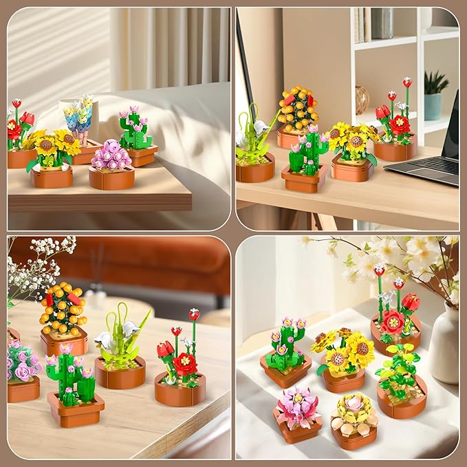 12 Pack Flowers Succulents Mini Building Set - 1403PCS Flower Botanical Collection for Home Office Décor 3.6MM Plant Blocks Toy, Easter Birthday Gifts for Adults Women Kids Girls10+