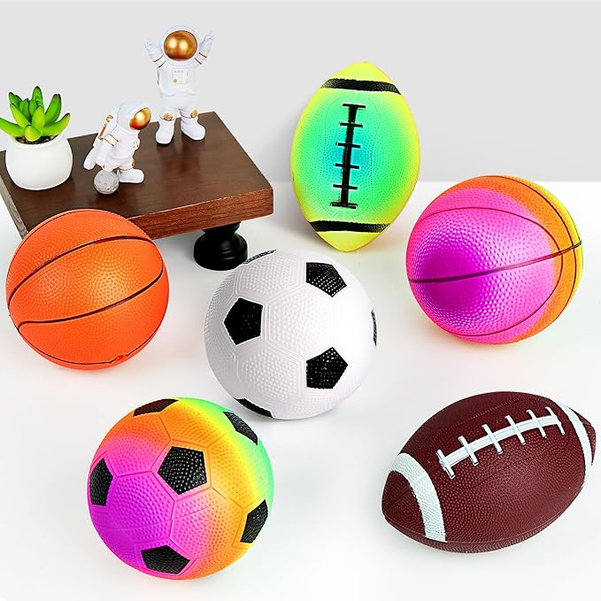 Small Sports Balls for Toddler Pack of 6, Ball Gift for Kids, 2 Each of 5" Football, Basketball, Soccer for Playground, Toy Balls Inflatable Multi-Sport Ball Set with 1 Pump