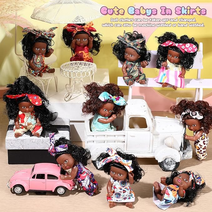 Hanaive 10 Pcs 4 Inch Mini Baby Dolls Lifelike Realistic Tiny Baby Dolls with Animal Clothes Cute Infant Figurine Gifts Set for Toddlers Girls Kids 3+ Easter Graduation Birthday(Dark Skin Style)