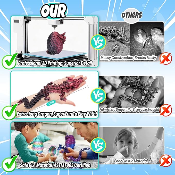 12" 3D Printed Dragon Egg, Mystery Articulated Crystal Dragon Egg Fidget Toys, 3D Print Surprise Animals Toy for Kid Teen Boy Girls (Laser Black and Red)