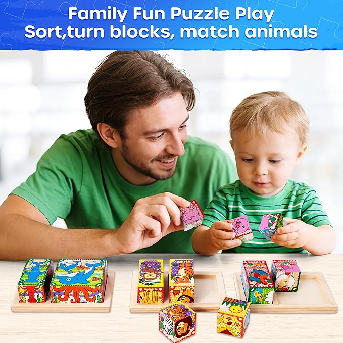 SYNARRY Wooden Puzzles for Toddlers 1-3, Farm Jungle Ocean Animals Puzzles for Toddlers 2-4, Wooden Cube Puzzle with Storage Tray, Large Block Montessori Toys for 1 2 3 Year Old, Easter Gifts for Kids