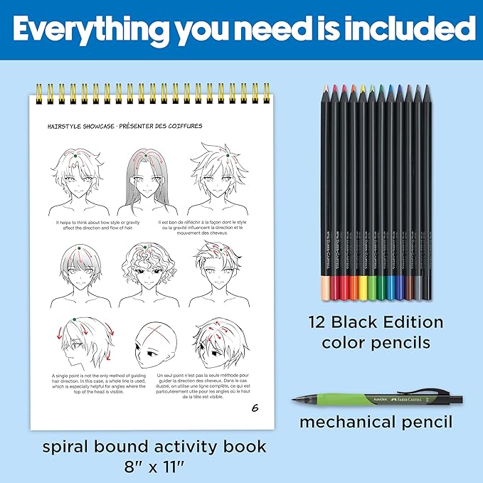Faber-Castell Anime Drawing Kit: Shonen Edition | Step-by-Step Instruction Book with 20 Practice Pages, Color Pencil Set & Drawing Supplies for Kids, Easter Basket Stuffer (1 Book)