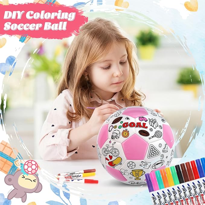 Size 4 Color Your Own Soccer Ball Pink DIY Custom Craft Kit with Pump 12 Markers Personalized Youth Toddler Training Paint Your Own Toy Creative Gift for Kids (Pink Soccer Ball, 4)