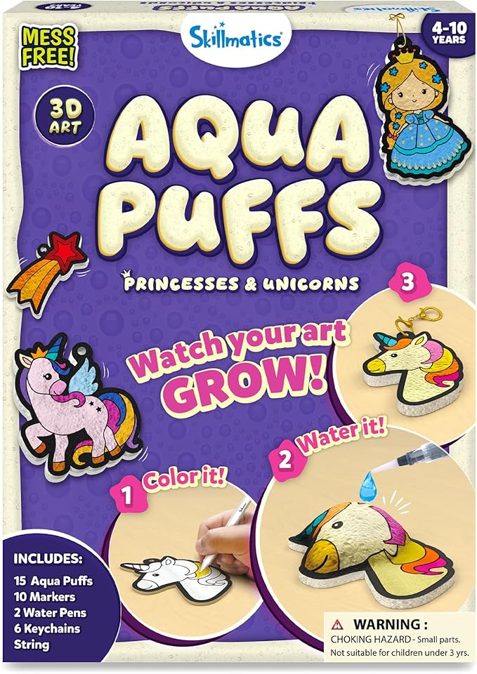 Skillmatics Aqua Puffs - 3D Art Kit, Princesses & Unicorns, Mess-Free Paint by Number Craft, DIY Color & Inflate Activity, Creative Gift for Girls & Boys Ages 4, 5, 6, 7, 8, 9, 10