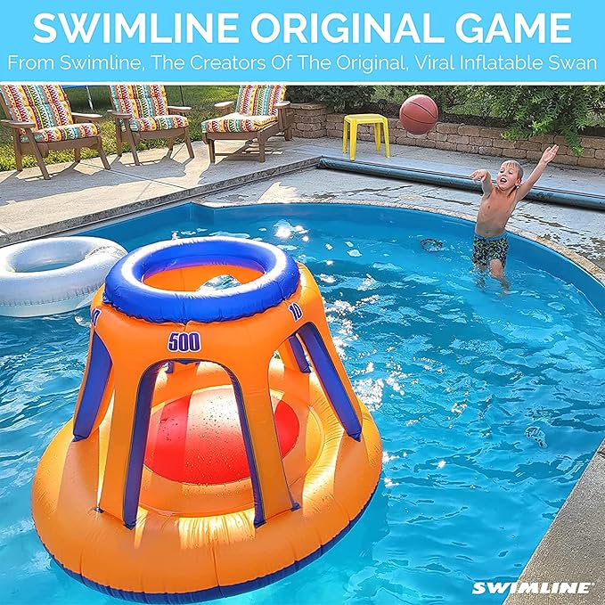 SWIMLINE Inflatable Pool Basketball Hoop Floating Or Poolside Game Giant Shootball Multiple Scoring Ports For Kids & Adults Swimming Splash Hoops With Water Basketball Pools Toy Outdoor Summer Hoops