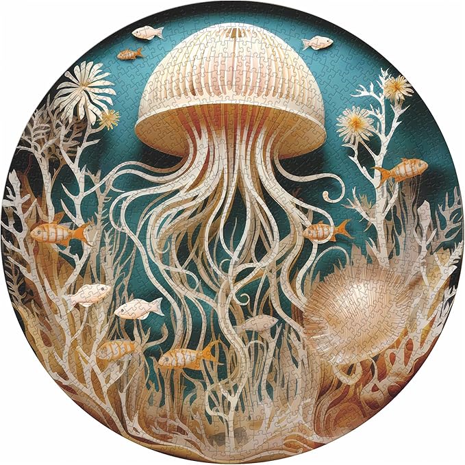 Ocean Jellyfish Puzzles for Adults 1000 Pieces, Impossible Deep Blue Sea Fish Jigsaw Puzzles, Round Jellyfish Paper Art Challenging Puzzle as Wall Decor