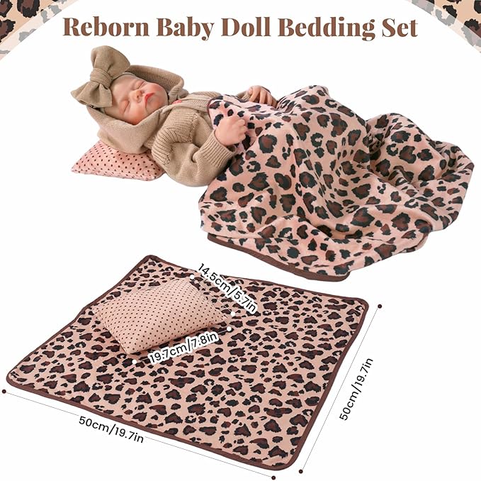 BABESIDE 3 Pcs Baby Doll Bassinet with Doll Bedding Set for 17-22 Inch Babydolls, Cute Heart Leopard Print Baby Dolls Crib with Pillow Blanket for Reborn Baby Doll Accessories, Brown