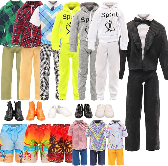 Miunana 10 Pcs Fashion Pack for 12 Inch Boy Dolls - 5 Sets Casual Wear Clothes Outfit with 5 Shoes for boy Doll (Black Suit + Casual Wear Clothes + Tracksuit + Swimwear)