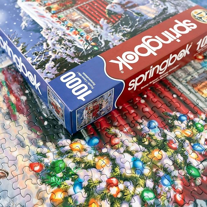 Springbok's Snowy Retreat 1000 Piece Jigsaw Puzzle is a Fun Holiday Image Featuring a Camper Glowing in Holiday Decor
