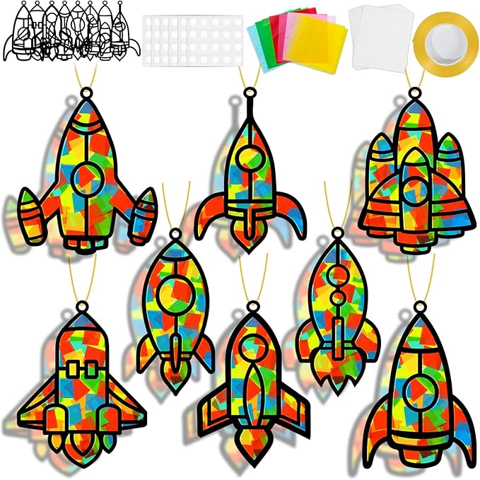 32 Sets Outer Space Rocket Suncatchers Craft Kit DIY Window Stained Glass Effect Space Theme Paper Crafts for Home School Classroom Decoration Kid Birthday Gifts Creative Art Projects Activity Game