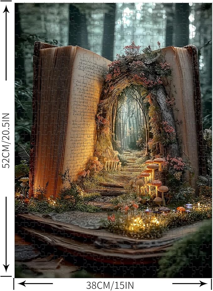 Puzzles for Adults 500 Pieces, Green Book Jigsaw Puzzles - Forest Gateway, Impossible Book Tree Puzzle for Seniors Families, 20.47x14.96 Inches, 1:1 Poster, Letter On The Back