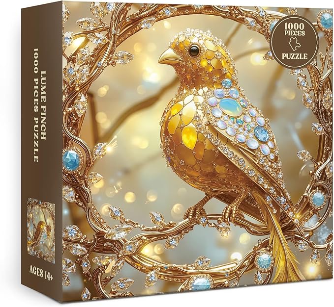Bird Gem Jewel Puzzle 1000 Pieces for Adults, Canary Diamond Tree Colorful Jigsaw Puzzle, Golden Vintage Animal Art Puzzles