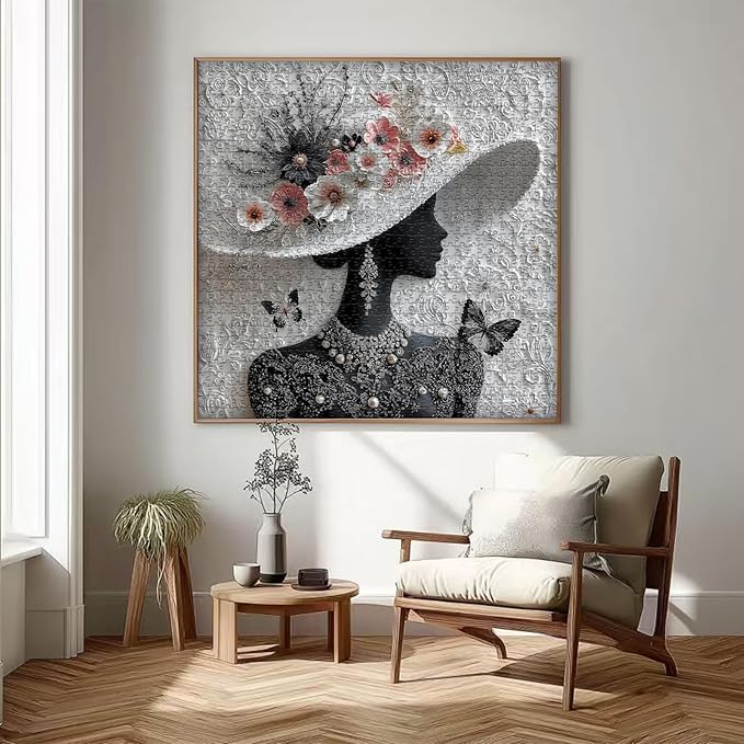 Impossible Puzzles for Adults 1000 Pieces,PICKFORU Floral Muse Puzzle Elegant Lady,Beauty Flower Woman Puzzle Black and White Pearl,Hard Challenge Jigsaw Puzzles Aesthetic