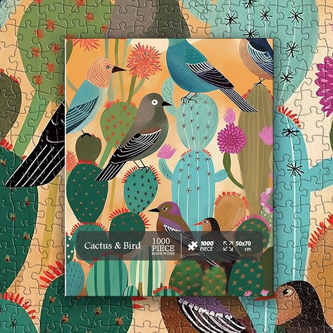 Desert Bird Puzzles for Adults 1000 Pieces, Cactus Flower Succulent Plant Puzzles, Birds Themed Jigsaw Puzzles Nature Botanical