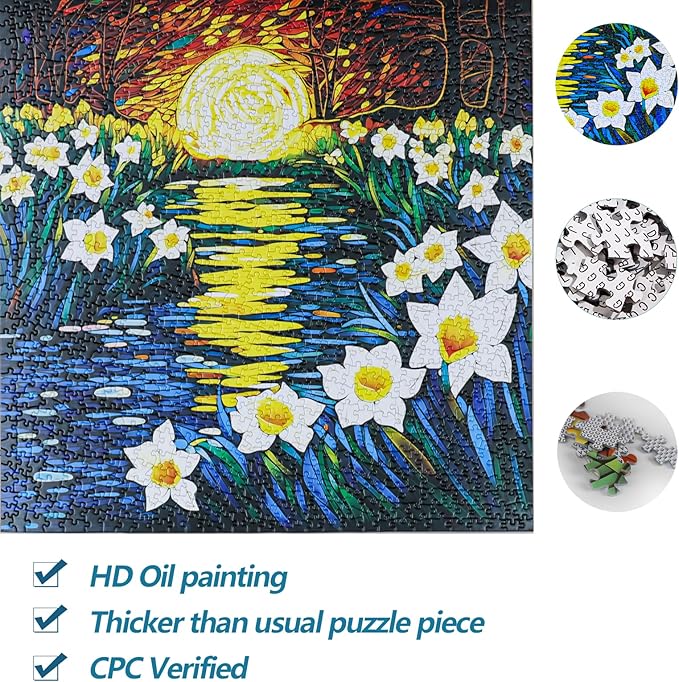 Bgraamiens Puzzle-Moonlight Daffodils-1000 Pieces Square Stained Glass Art Puzzle Daffodils in Moonlight Color Challenging Beautiful Jigsaw Puzzles for Adults (Moonlight Daffodils)