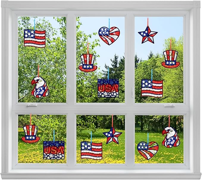24 Set Veterans Day Patriotic Suncatchers Crafts DIY American Flag Crafts Window Tissue Paper Kit Independence Day Hanging Decor for Home Activities Window Art(Patriotic)