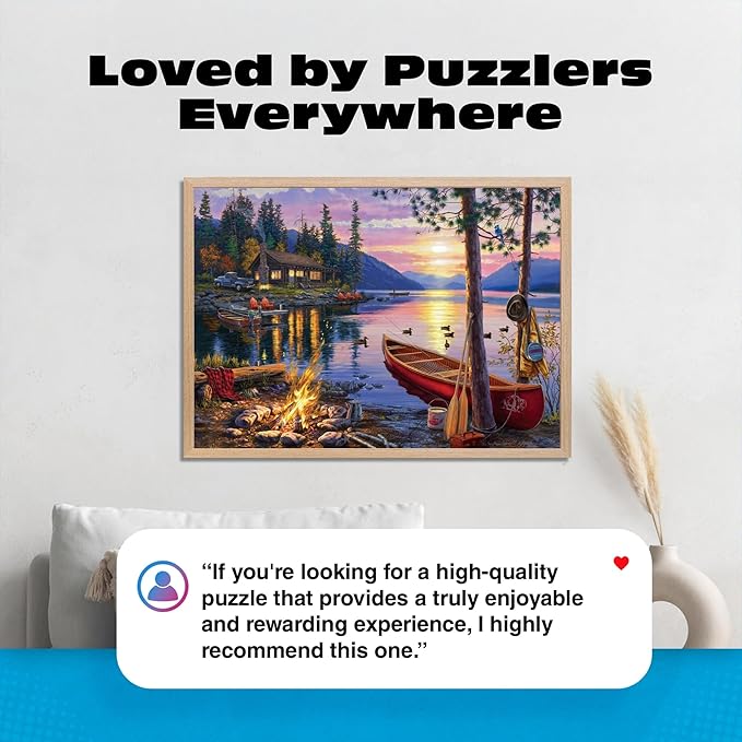 Buffalo Games - Canoe Lake 1000 Piece Puzzle for Adults - Jigsaw Puzzles – Darrell Bush Cabin Sunset Artwork with Poster – Challenging Outdoor Nature Scene