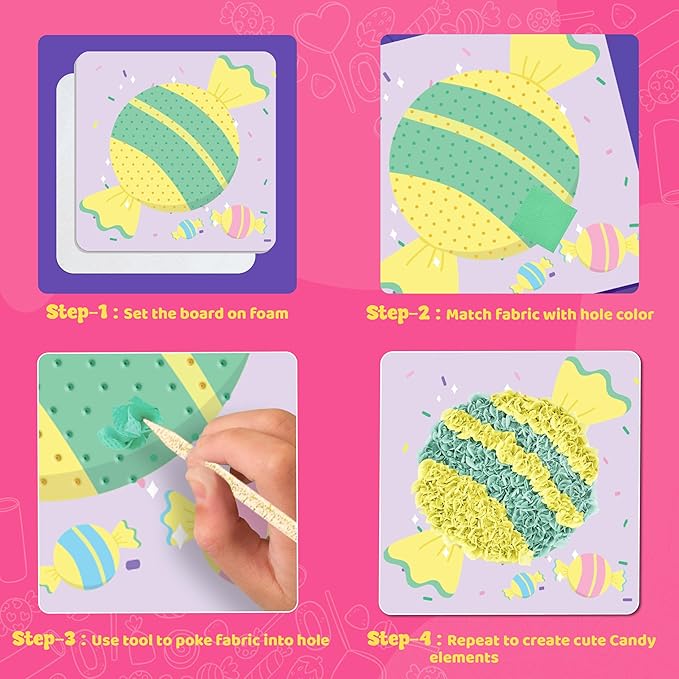 jackinthebox Poke Poke Art for Kids - Candyland Theme, Mess-Free Fabric Art and Craft, Flower Pressing Kits, Gift for Kids, DIY Activity Boy Gift, Easter Gifts for Girls and Boys Ages 4 5 6 7 8