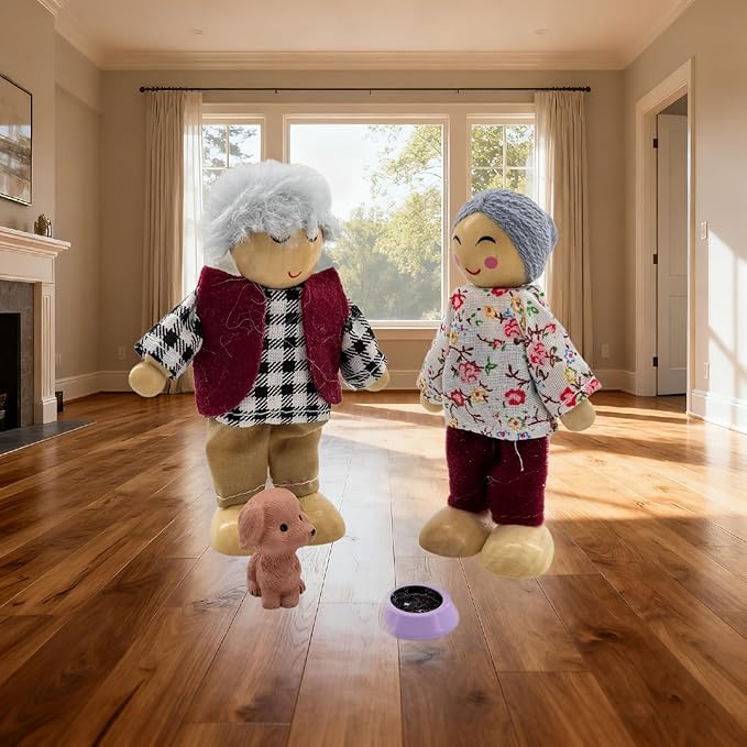 HYSTYLE 12 Pieces Wooden Dollhouse Family Set with Dog Cat Mini People Figures Dollhouse Dolls Wooden Doll Family Pretend Play Figures Accessories for Pretend Dollhouse (Style 4)