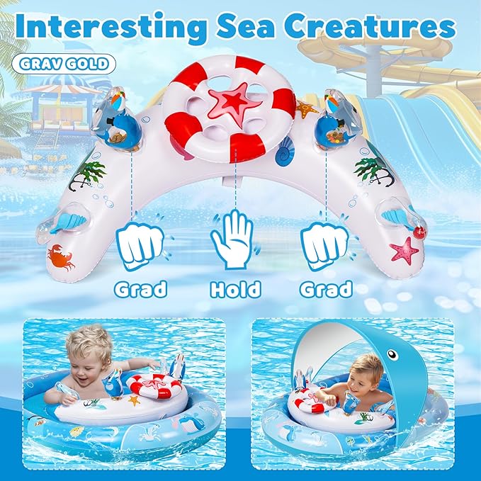 Baby Pool Float with Canopy, Baby Swim Float with UPF50+ Sun Protection Canopy and Toy Play Console, Inflatable Baby Float & Swimming Float with Adjustable Safety Seat for 6-36 Months